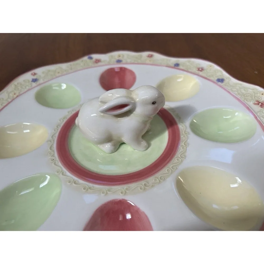 Easter Bunny Deviled Egg Plate Pastel Spring Platter 8 Eggs  11.5